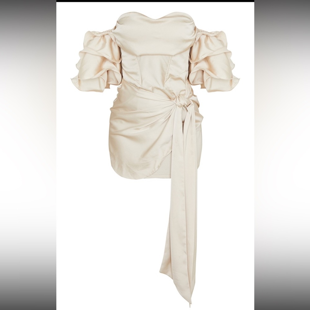 Champagne Frill Sleeve Tie Detail Bodycon Dress